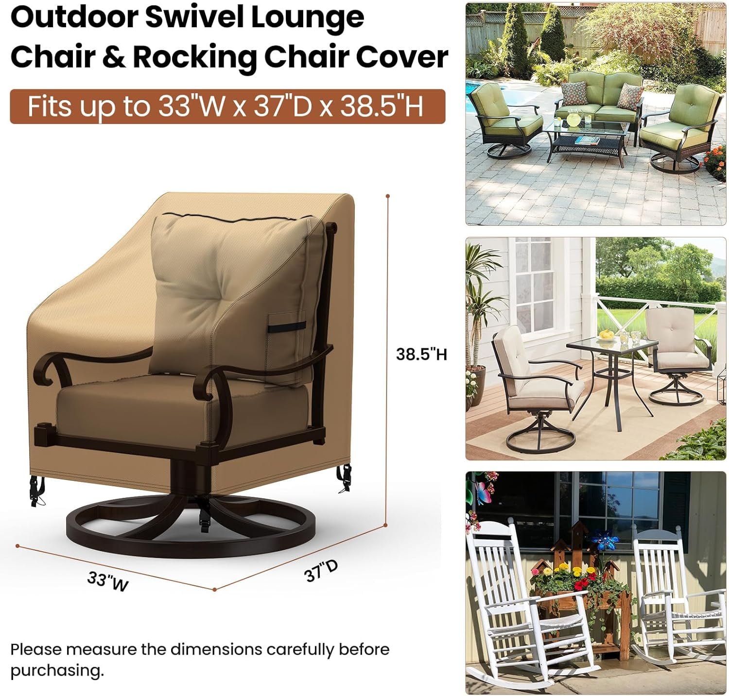 Outdoor Swivel Lounge Chair Cover Waterproof, 2 Pack Heavy Duty Patio Rocking Chair Covers for Outdoor Furniture, 33" W×37" D×38.5" H, Brown