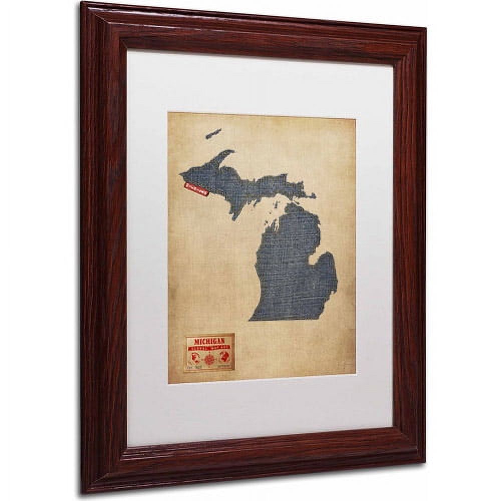 Trademark Fine Art "Michigan Map Denim Jeans Style" Canvas Art by Michael Tompsett, White Matte, Wood Frame