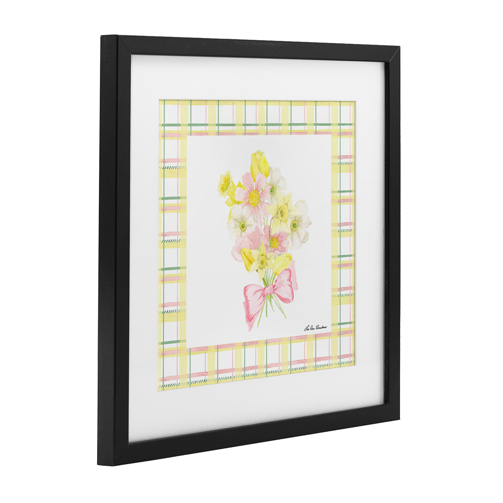 Spring Daffodils on Plaid Black Framed Print Under Glass, design by Lee Ann Sanders