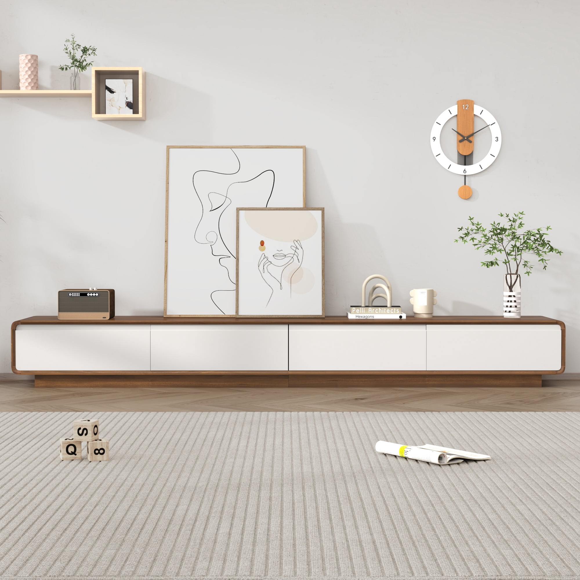 Blotout 94.5''Minimalist Floating TV Stand, Modern Wall-Mounted Media Console with 4 Drawers for Wall-mounted TV Up to 110'', Walnut & White