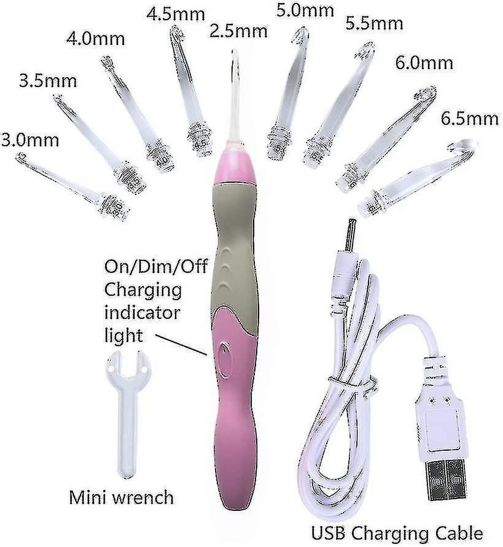 Lighted Crochet Hook Set - 9 Size Interchangeable Heads 2.5mm To 6.5mm With Ergonomic Grip Handles, Rechargeable Lighted Crochet Hooks Complete Set Fo