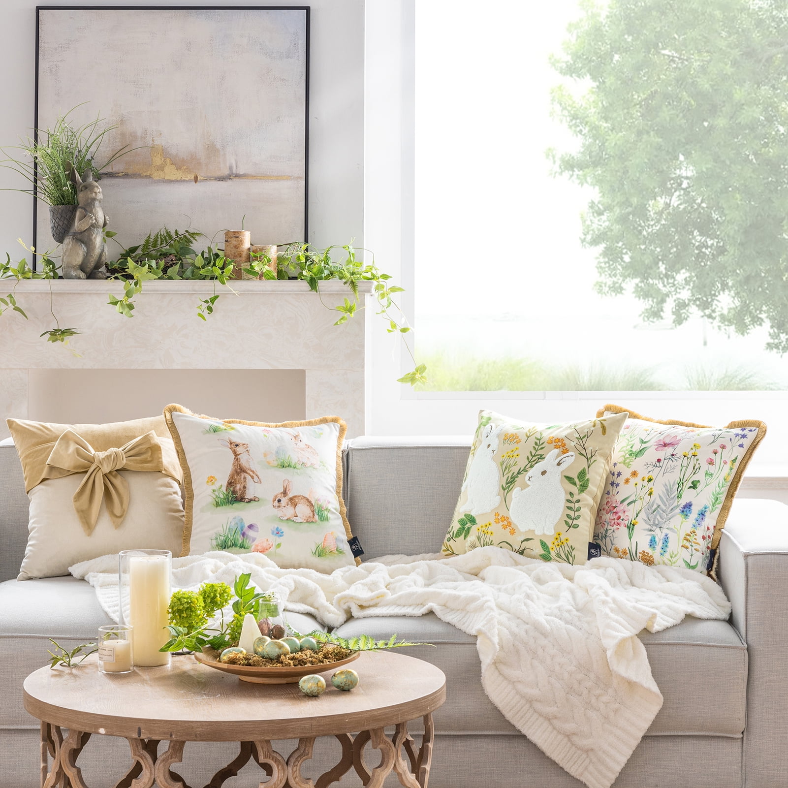 Happy Easter Throw Pillow Tassel Trimmed Printed Colorful Flowers and Rabbits Decorative Easter Pillows, 18" x 18", Beige, 2 Pack