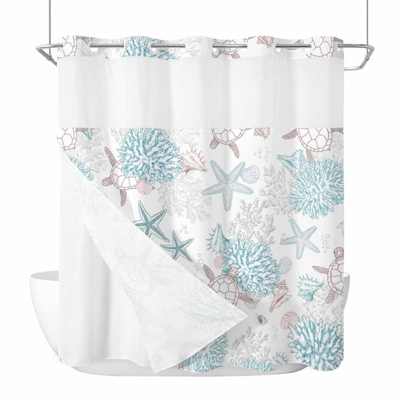 No Hook Coastal Coral Turtle Shower Curtain with Snap in Liner Set, Aqua Ocean Conch Starfish Summer Beach Waterproof Bathroom Curtains with See Through Top Window, Hotel Style Modern 66 x 72 Inch