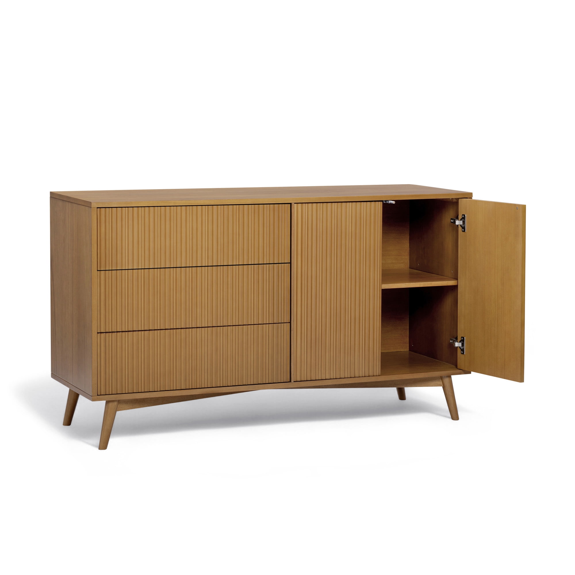 Tremolo 3-Drawer 2-Door Wood Sideboard Cabinet, Natural – Teamson Home: Push-Open Storage & Contemporary Fluted Fronts for Living or Dining Room
