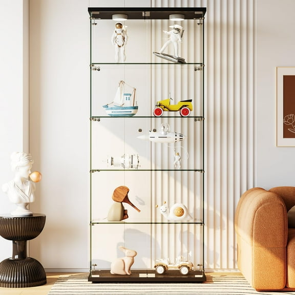 Glass Display Cabinet with LED Light, Tempered Glass Curio Collection Display Showcase with 5 Shelves and Lock, 2 Door Curio Cabinets for Living Room Bedroom Office