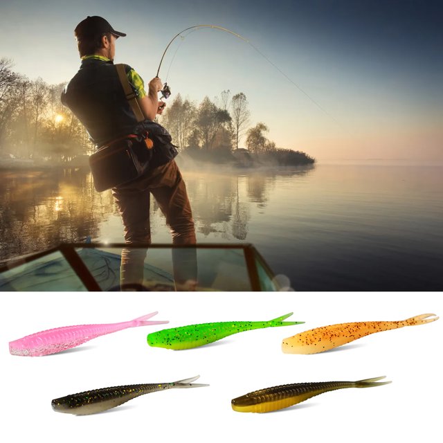 10Pcs Fishing Lures Realistic Looking Bright Color Flexible Bite Resistant Sequins Design PVC Fork Tail Soft Lures Bionic Baits Fishing Gear Fishing Supplies