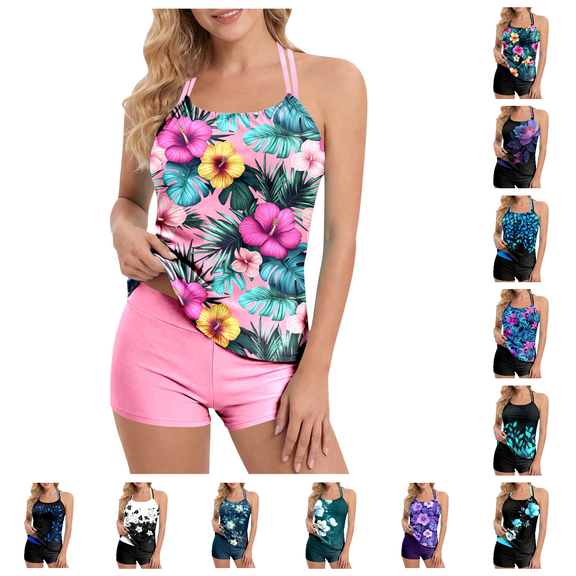 Lovzfmll Tankini Set for Women, Adjustable Halter Printed Top and Shorts, Bathing Suit with Pads for Summer Beach