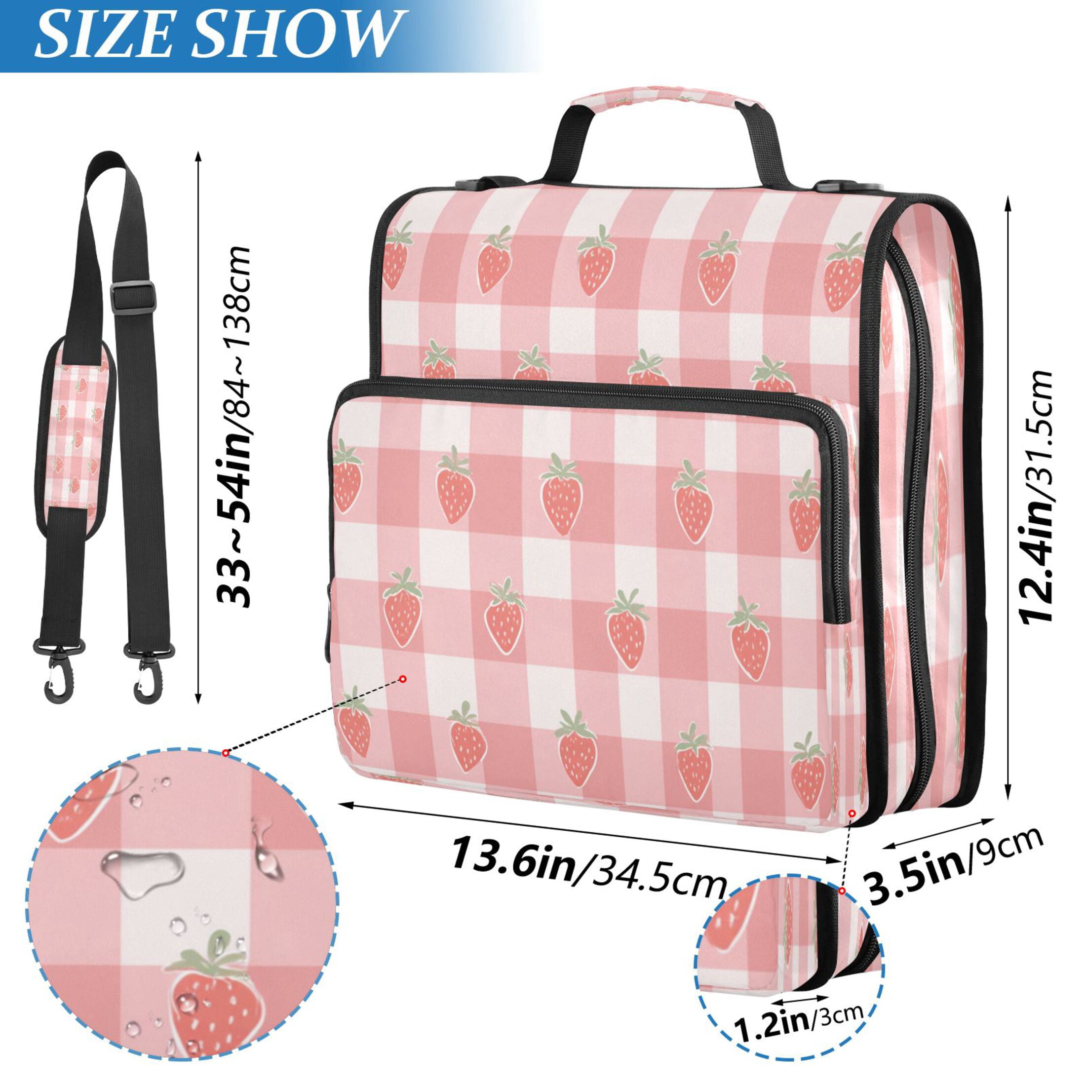 3 Ring Zipper Binder Stationery Organizer for Study Work Home Travel, All-Purpose File Folder Storage Bag for Daily Document Organization Pink Gingham Strawberry
