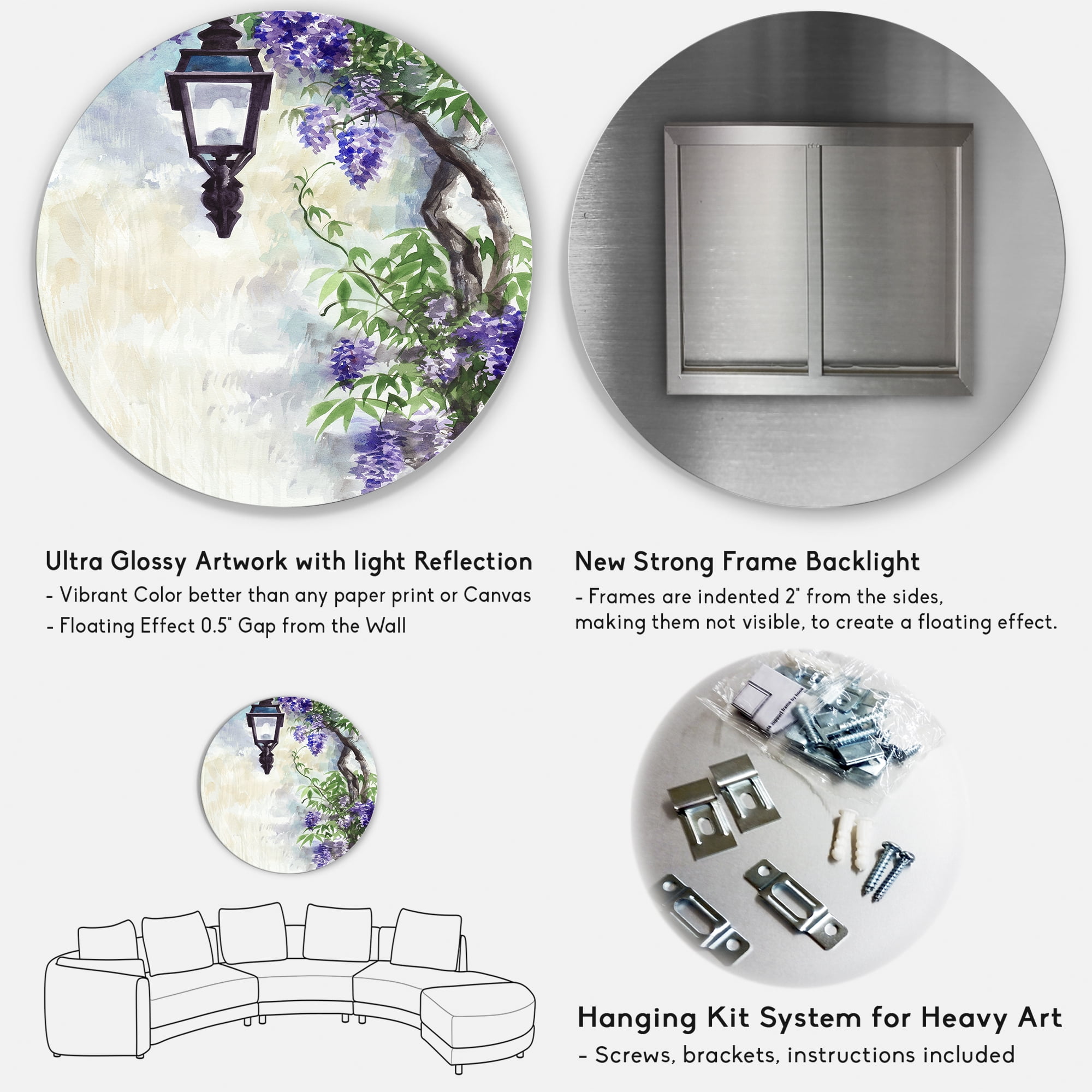Designart 'Lilac Tree Lantern Vintage Impression' Traditional Circle Metal Wall Art 36x36 - Disc of 36