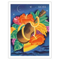 The Essence Of Aloha - ʻUkulele with Hawaiian Flowers and Fruit - Vintage Ocean Liner Travel Poster by Frank Macintosh c.1930s - Fine Art Matte Paper Print (Unframed) 20x26in