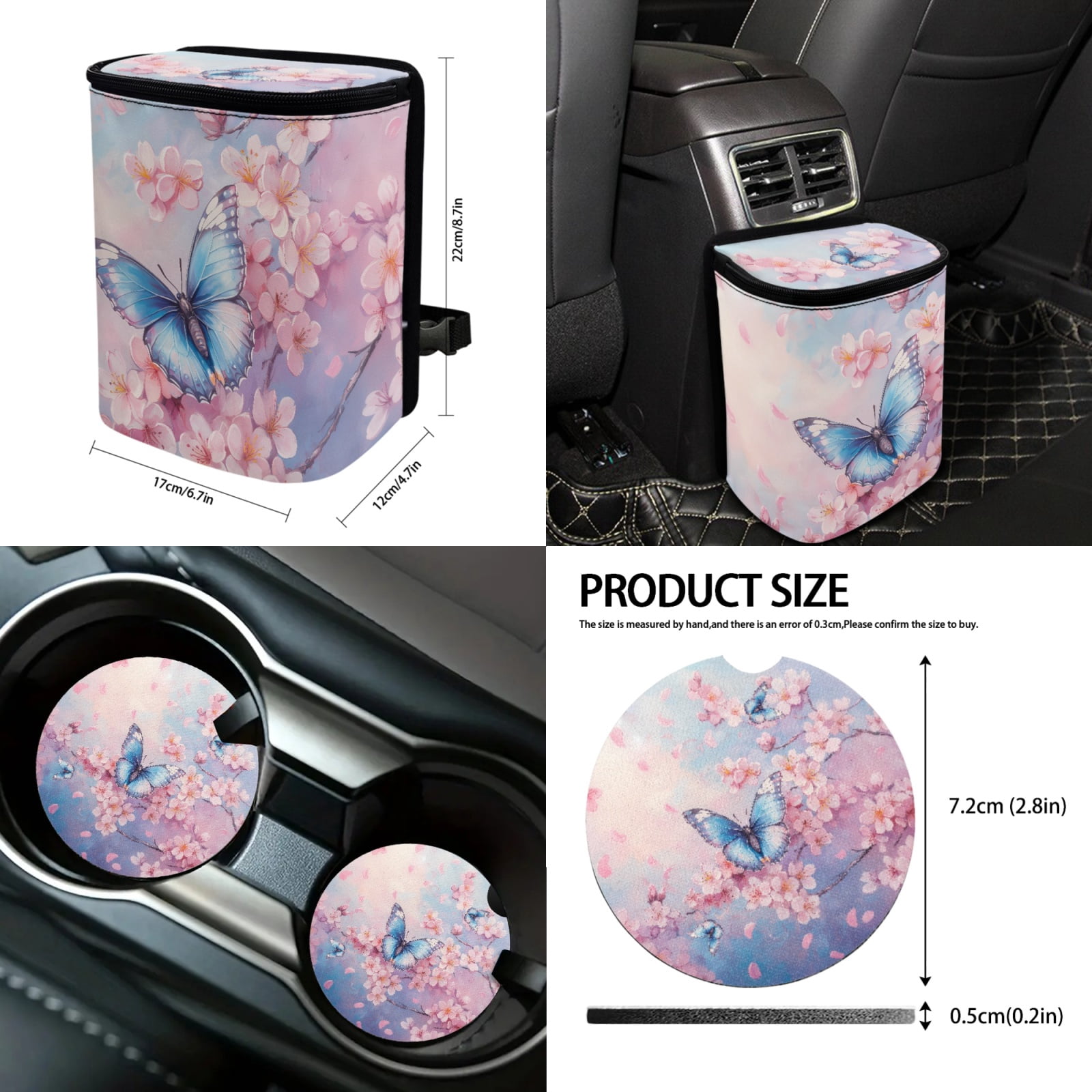 Jeiento Butterfly Car Seat Covers Full Set of 13 with Car Steering Wheel Cover Seat Belt Pads Floral Car Trash Can Auto Rear View Mirror Cover Car Coasters Chapstick Holder Keychain for Truck SUV