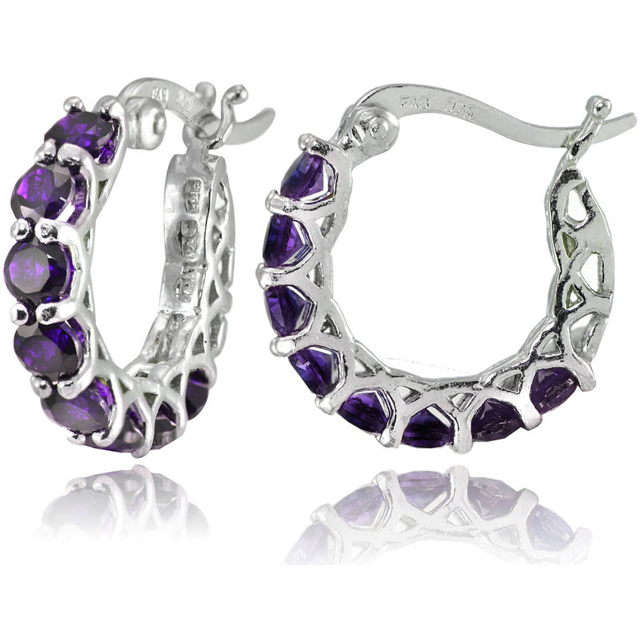 African Amethyst Sterling Silver Small Round Huggie Hoop Earrings