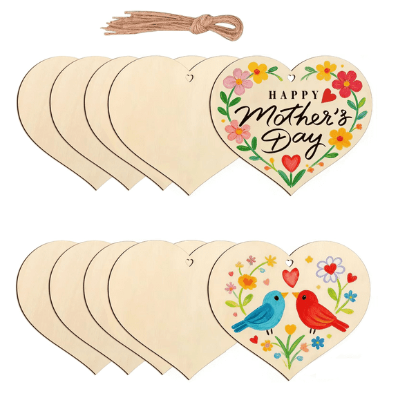10 Pcs Wooden Heart Ornaments to Paint 7 Inch, Large Size Wooden DIY Blank Unfinished Heart Wood Discs Ornament with Holes Rope for Crafts Hanging Decorations