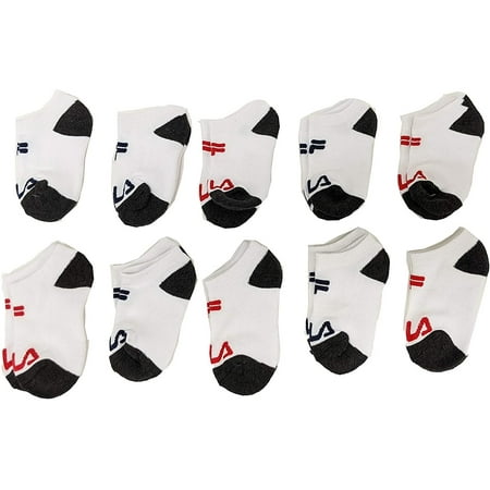Fila Kids Boys 10-Pack Half Cushion No Show Socks Basic Logo - White Multi, Boys Small Shoe Sizes 7-10