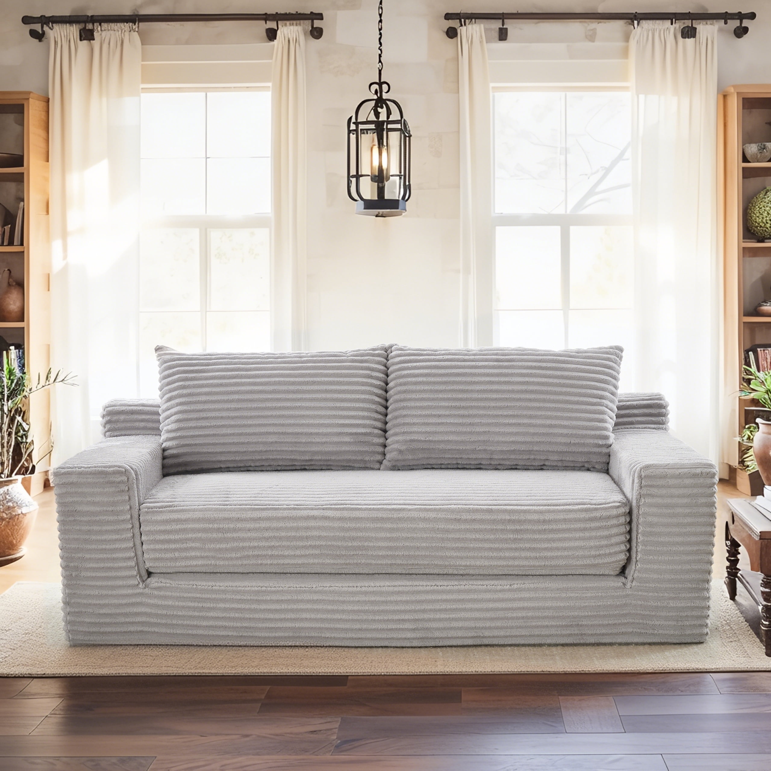 Leumius Convertible Loveseat Compression Sofa for Living Room,Corduroy 2 Seater Couch Memory Foam Sofa for Small Spaces,Apartments,Office,Grey