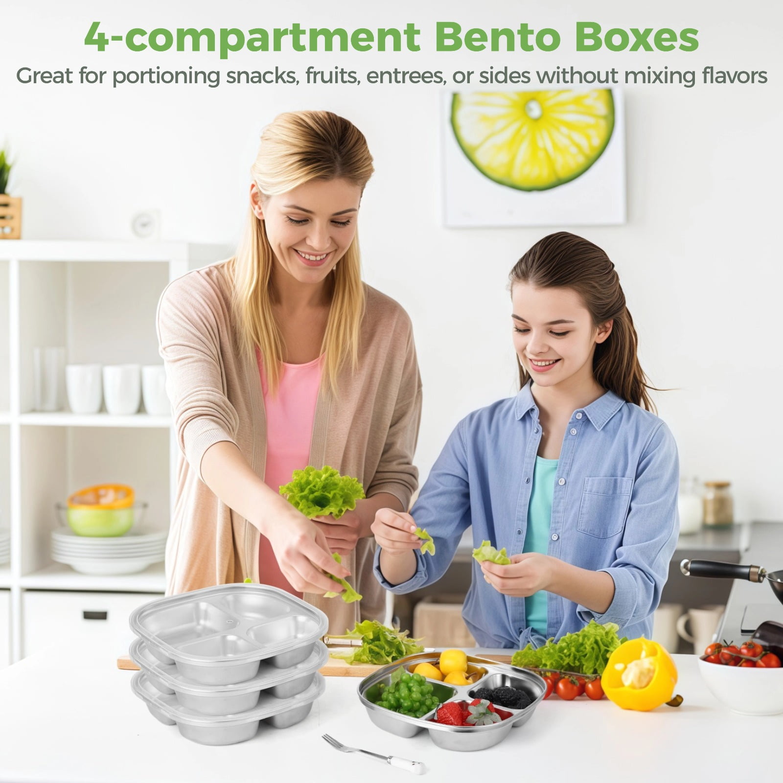 6PCS Stainless Steel Snack Containers, 4-compartment Bento Boxes with Lids & Forks, Deep Large Metal Lunch Trays, Stackable Divided Lunch Containers for Home, Office, Travel