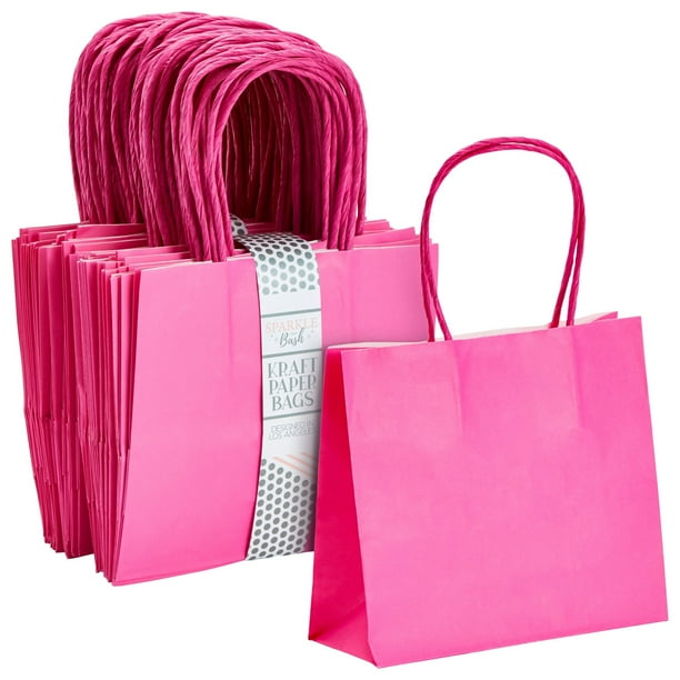 50 Pack Mini Pink Gift Bags with Handles, Bulk Kraft Party Favor Bags