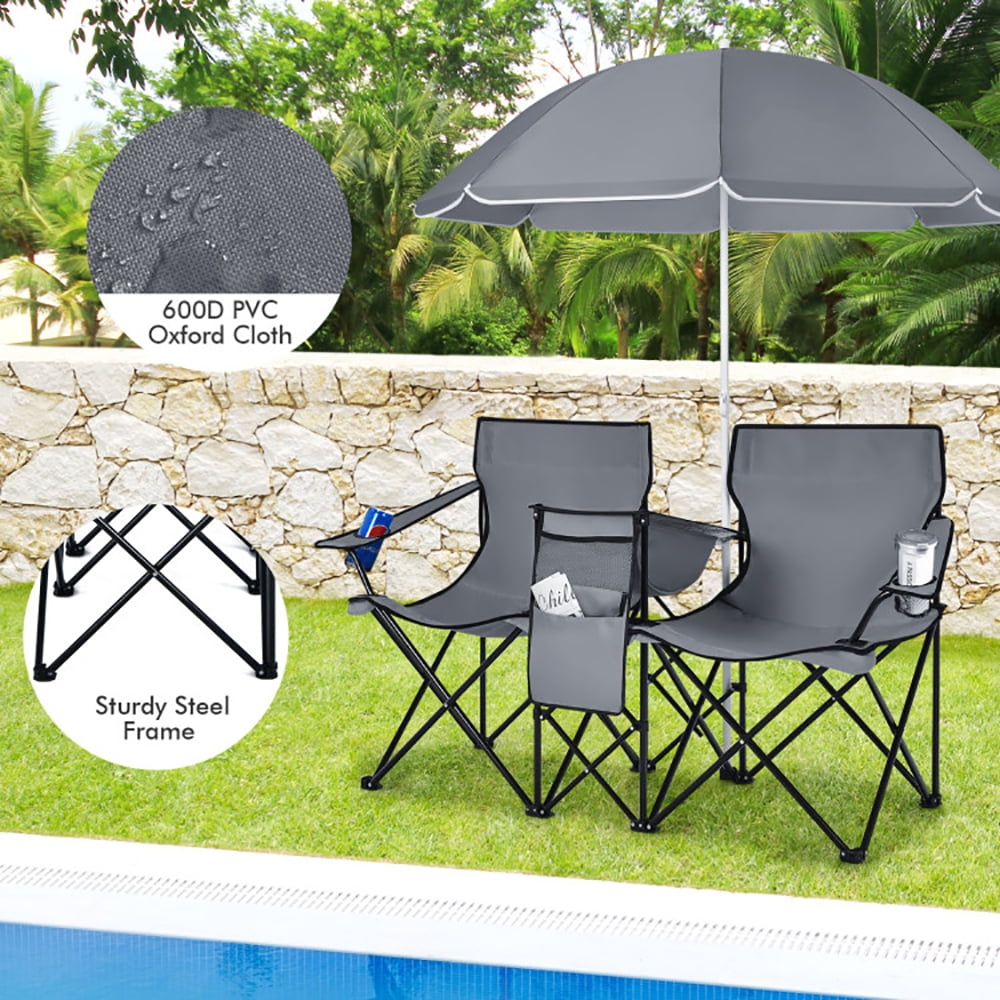 Aimee Lii Portable Folding Picnic Double Chair With Umbrella, Outdoor Beach Chair with Umbrella, Gray Aimee Lii Portable Folding Picnic Double Chair With Umbrella, Outdoor Beach Chair with Umbrella, Gray