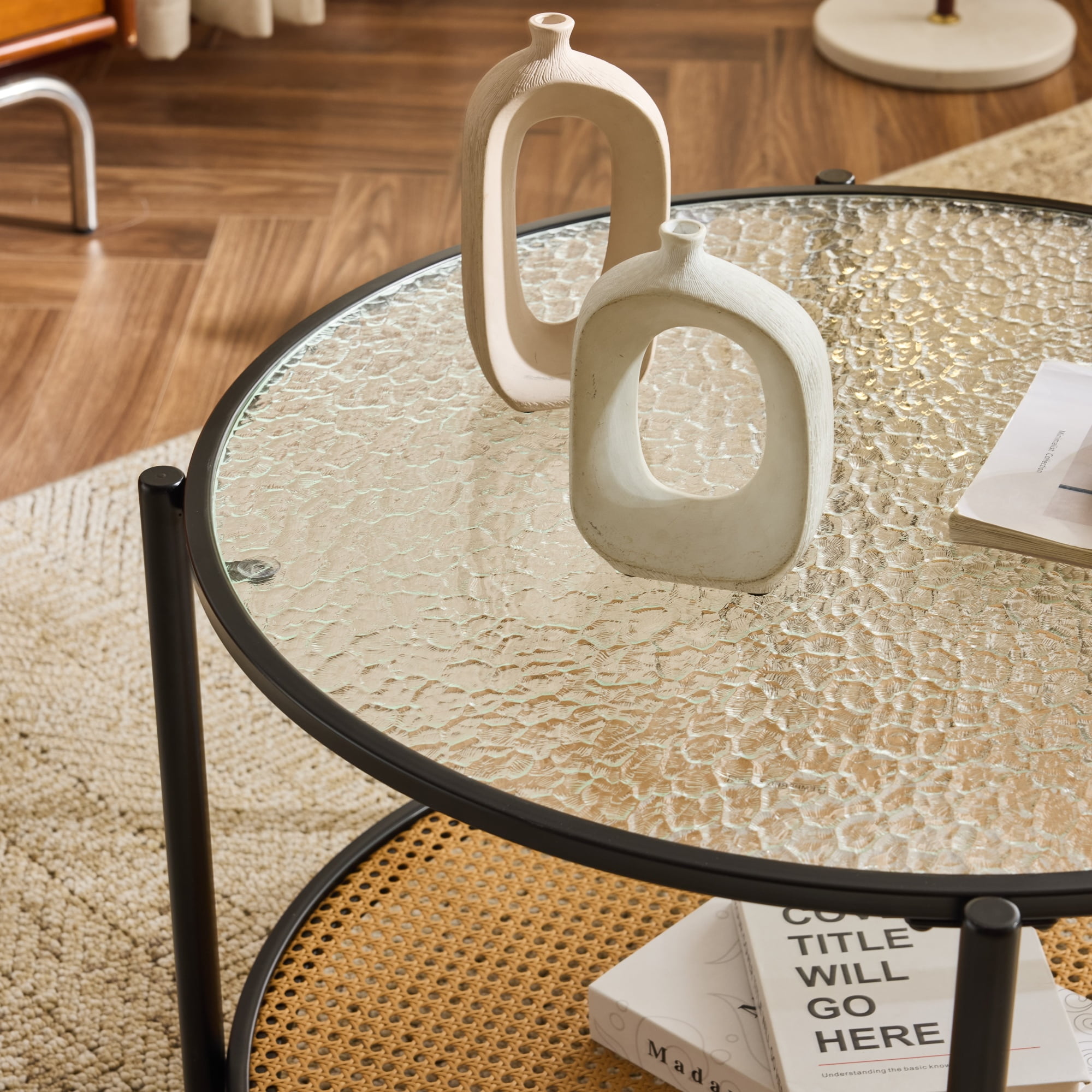 Ktaxon Accent Coffee Table, Round Glass Modern Center Table with Rattan Tier, 30.7" Rustic TV Cabinet for Living Room, Black