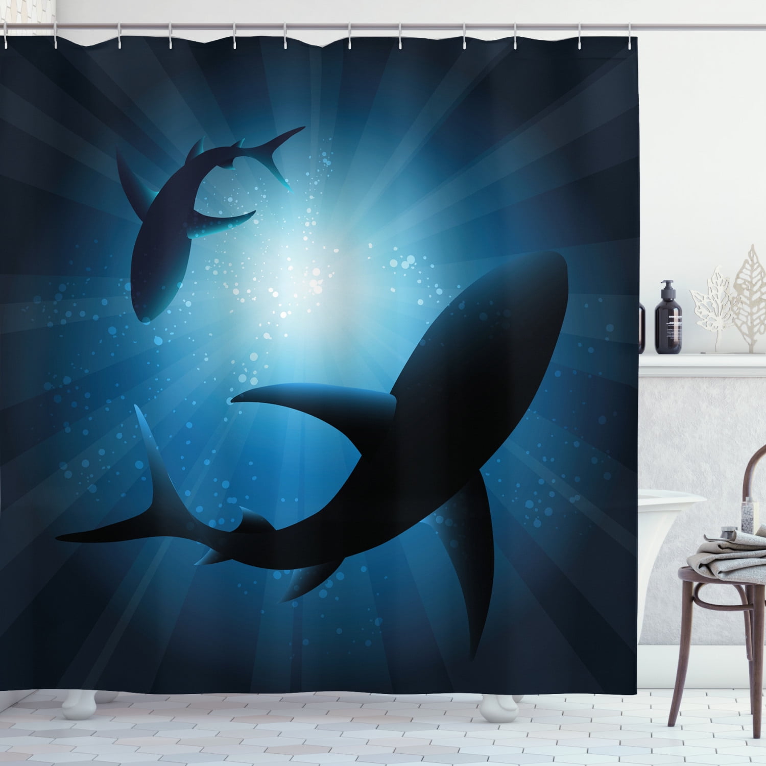 Cartoon Funny Shark Sea Fish Flock Corals Shower Curtain Set Bathroom Decor 72" 
