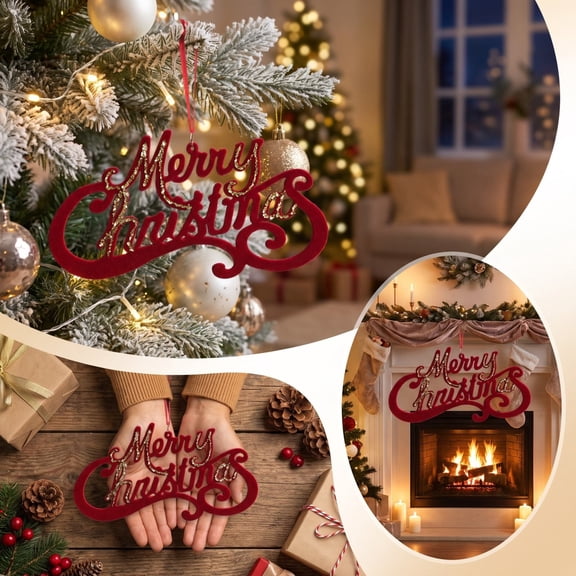 Tyidzon Red Flocked Christmas Ornaments, Merry Christmas Hanging Signs for Door Wall Wreath Window Party, Xmas Tree Decor