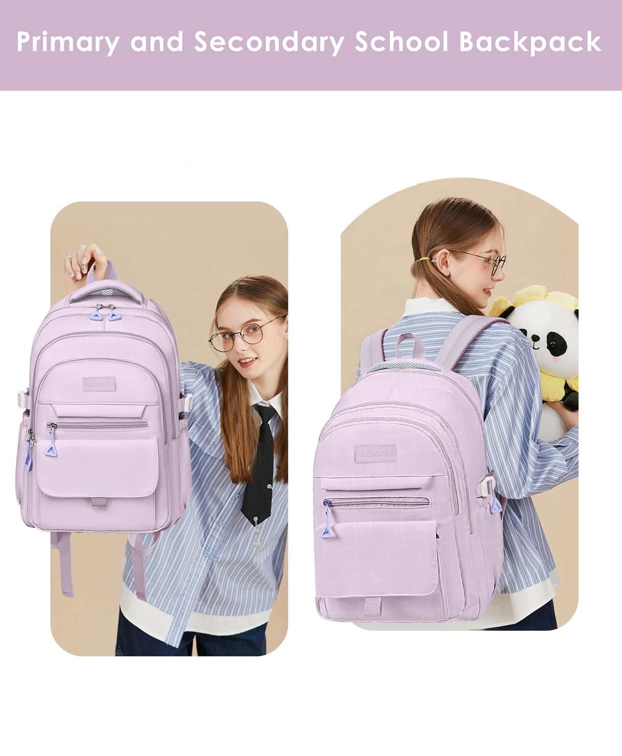 DAKIMOE School Backpack for College High Middle School Fashion Student bag, Cute Aesthetic Teen Bookbag for Teens Women, Purple