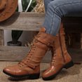 thumbnail image 5 of Womens Retro Leather Spliced Mid Calf Combat Boots Lace Up Metal Buckle Straps Wide Calf Motorcycle Riding Boots, 5 of 7