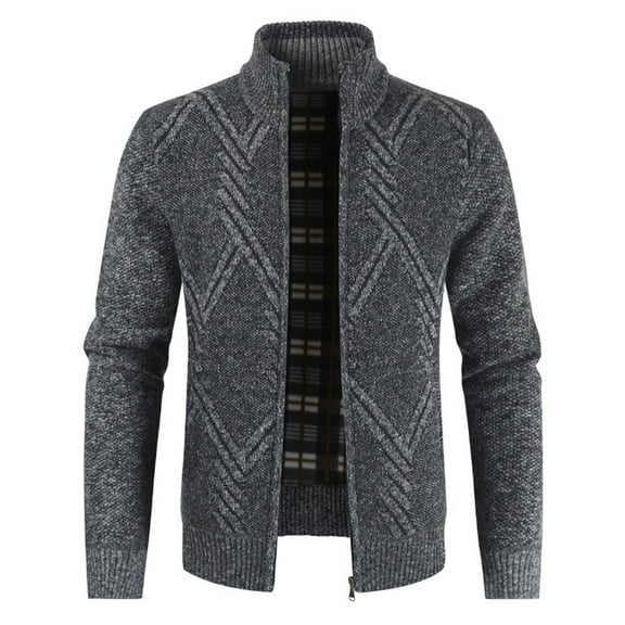 Lu's Chic Men's Long Sleeve Cardigan Sweater Business Casual Slim Fit Fleece Lined Zip Up Sweaters Thermal Soft Band Collar Warm Jackets & Coats Winter Fall Knitwear Pocket Chevron Dark Grey 36
