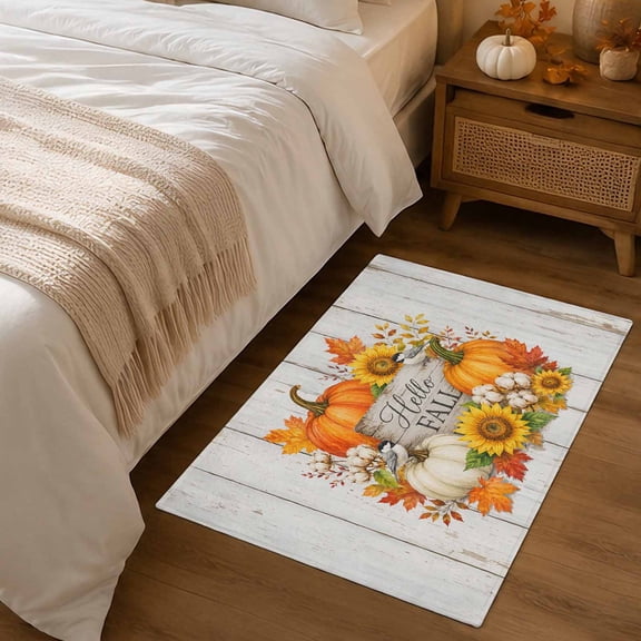 2x3ft Rectangle Rug,Fall Pumpkin Sunflower Leaf Washable Area Rugs Non-Slip Accent Rug Farmhouse Botanical Wood Board Soft Circle Carpet for Living Room Bedroom Home Office Decor
