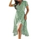 thumbnail image 2 of Puntoco Vestido De Manga Corta Con Cuello En V, Corbata Con Volantes Estampada De Verano Para Mujer Verde L, 2 of 5