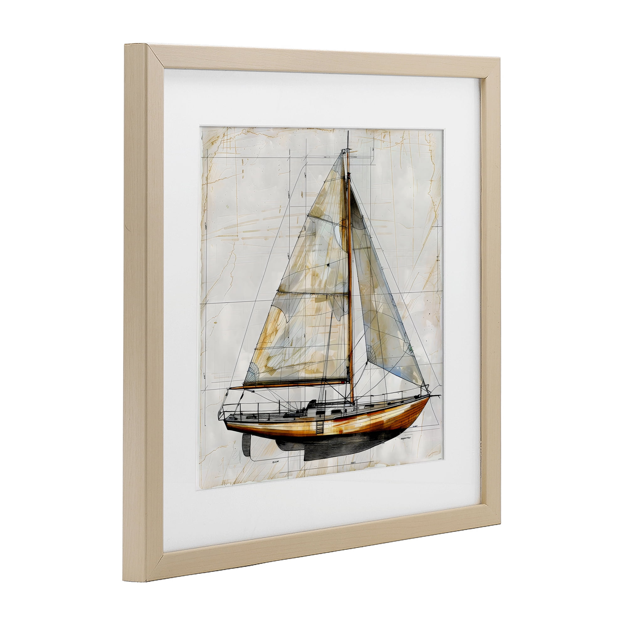 Stupell Industries Vintage Sailboat Drawing Blueprint Birch Framed Print Under Glass, design by Creative Studio