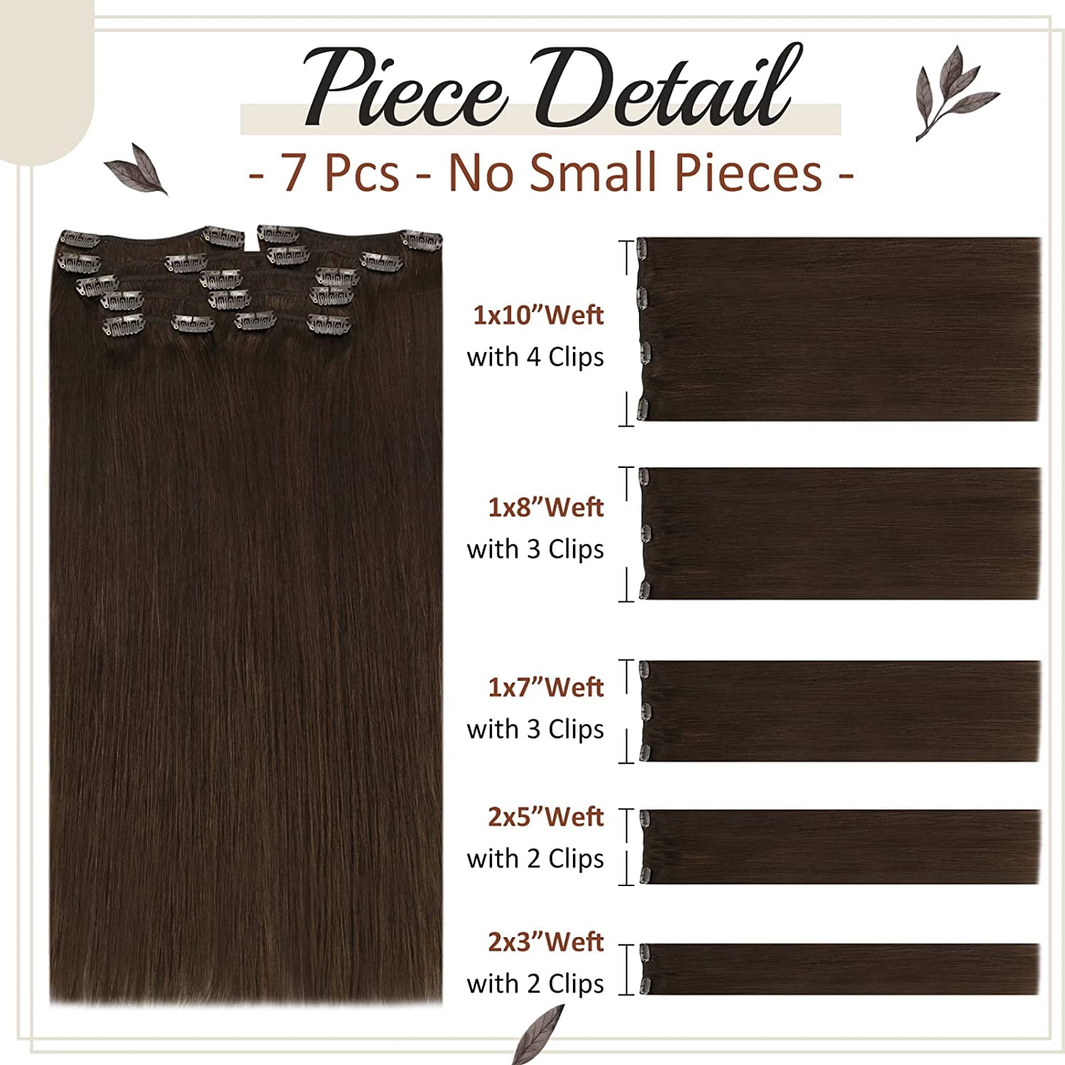 Full Shine 10 Inch Brown Clip in Hair Extensions Human Hair #4 Medium Brown  7Pcs 100 Grams Full Head Remy Hair for Women Adult
