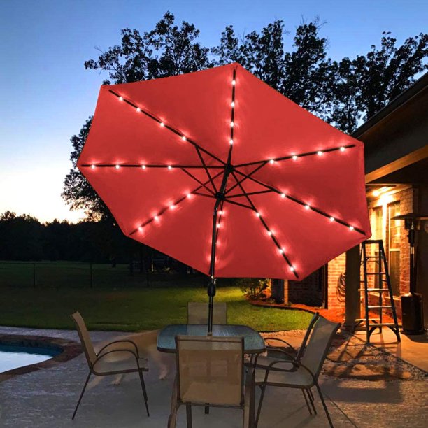 Quictent Red 9Ft Patio Umbrella 32 Solar LED Lighted Outdoor Garden