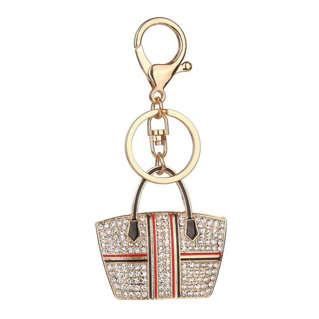 Llavero con diamantes de imitación y bolsa con botón a presión, colgante para coche, decoración colgante, regalo (negro y rojo)