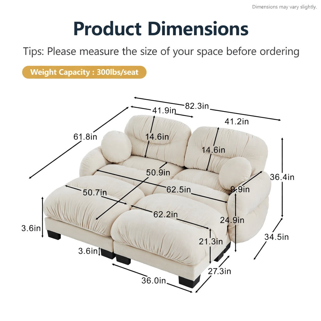 Hommoo Chenille 2-Seat Modular L-Shaped Sectional Sofa with Ergonomic Foam, Curved Armrests, 2 Ottomans & Throw Pillows, Pleated Back Design, Beige