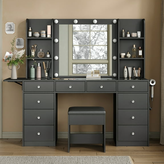 Yanosaku Vanity With Power Outlet, Vanity Desk With Mirror And 10 LED Lights, 10 Drawers Makeup Vanity With 6 Shelves, Fold-Up Panel, Vanity Table With Chair For Bedroom