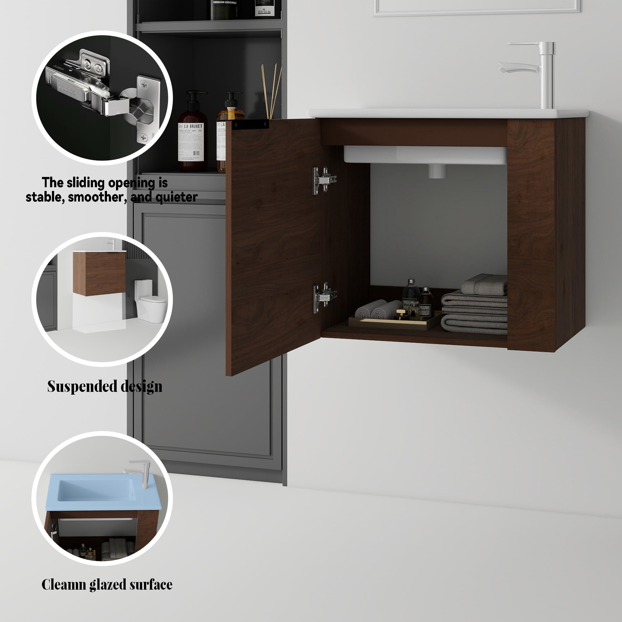 Leumius 22" Floating Bathroom Vanity with Ceramic Sink & Soft-Close Doors,Wall-Mounted Vanity for Small Space,Bathroom,Brown