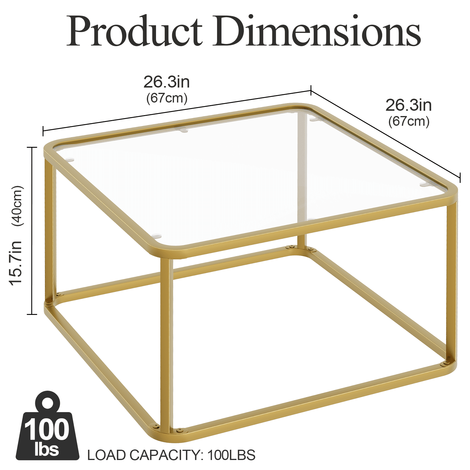 Coffee Table Glass, Minimalist Square Tables for Living Room, Modern Center Table for Office or Small Space, Tempered Glass, Sturdy Metal Frame, Easy Assembly, 26.4 x 26.4 x 15.7 Inches Gold