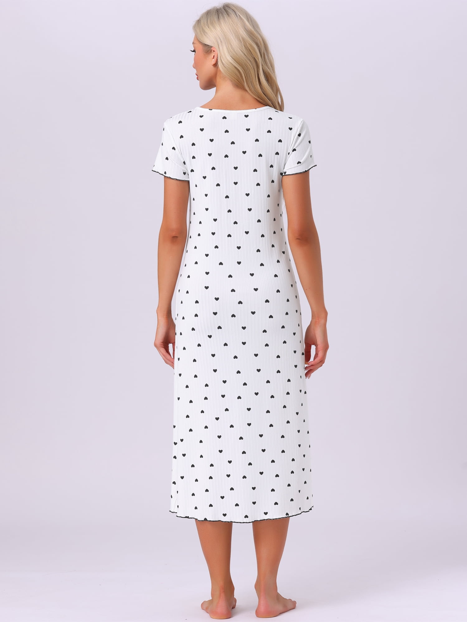 DARING DIVA Women's Short Sleeve Heart Print Lace Trim Ribbed Nightgown S White