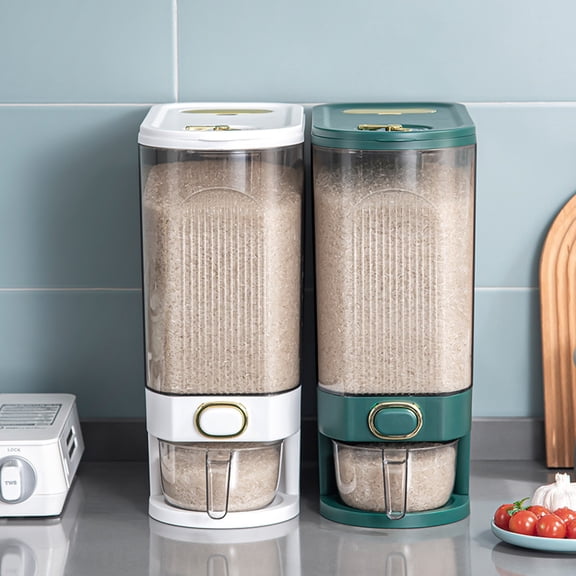 Rice Dispenser with Metered Press Outlet, Airtight Grain Storage Container for Home, Sealed Rice Bucket for Cereals and Legumes 13x15 Inch Green