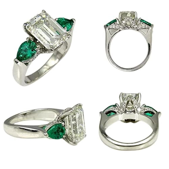 HeartsAndYou 3.5ct Emerald Cut Moissanite Green Pear Accents Solitaire Ring 18k White Gold over Silver