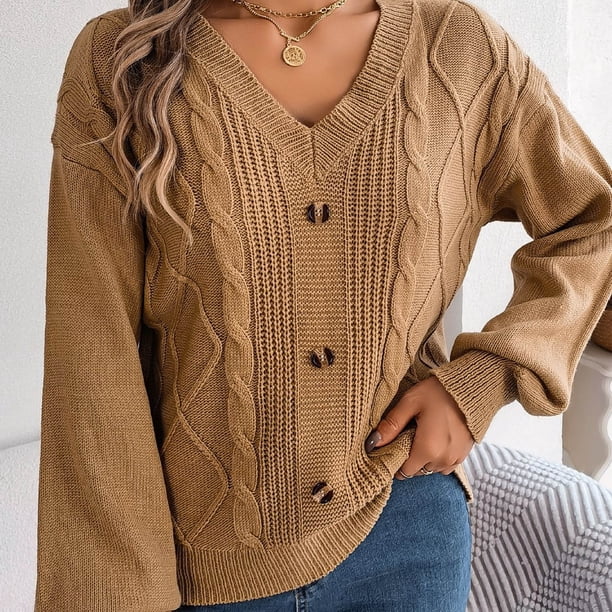 Suéter de cuello en V para mujer, moda informal, botones, manga larga, cuello en V, suéter cálido para salir.