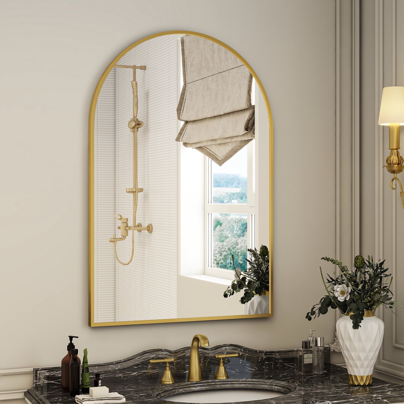 BEAUTYPEAK 24"x 36" Bathroom Mirror Wall Vanity Arched Mirror, Gold