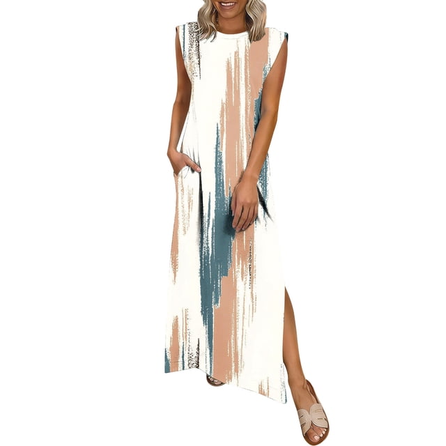 TaTaai Ladies Solid Color Round Neck Sleeveless Knee Length Casual Dress Fashion Pleated Detail with Pockets Soft Breathable Fabric Dress for Spring Summer Daily Casual Occasions Gift