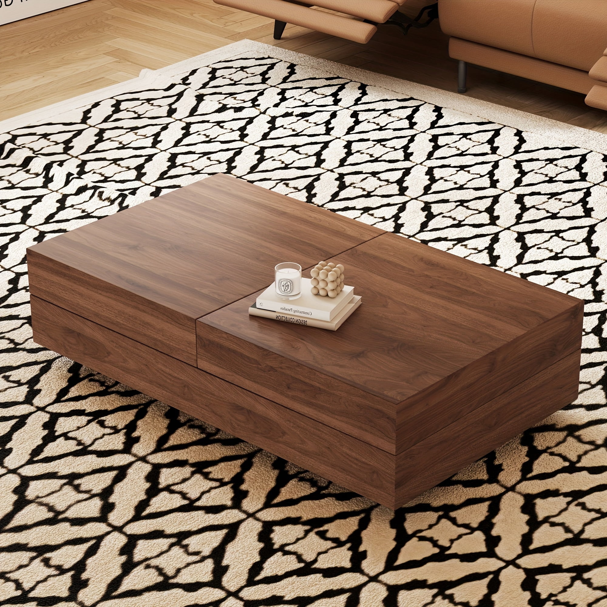 NessCarsti Mid-Century Modern Farmhouse 47.2-81.8" Expandable Coffee Table, Adjustable Center Table with Large Storage for Living Room, Walnut