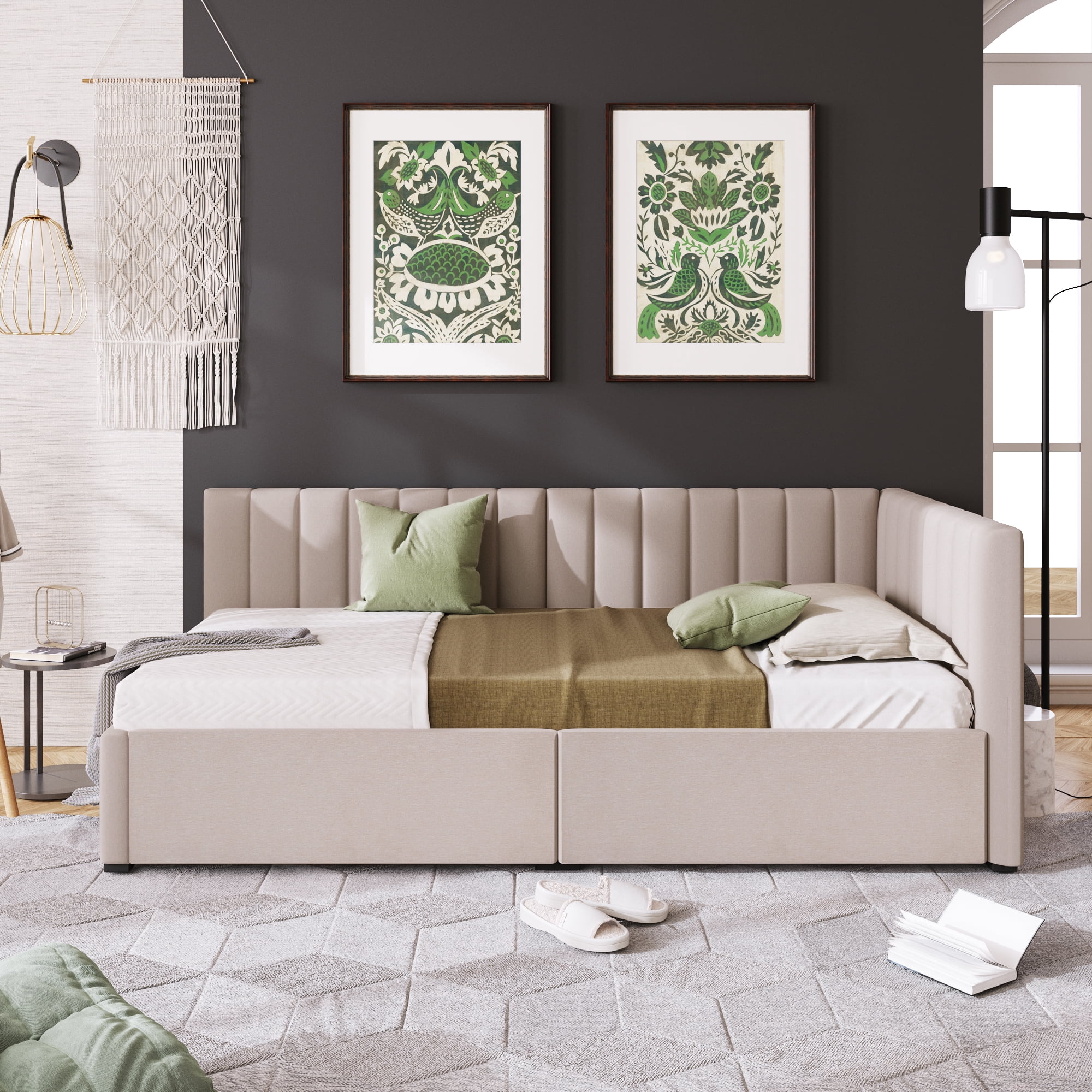 Clipeyh Classic Wood+Linen Upholstered Twin Size Daybed with 2 Storage Drawers Beige