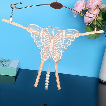 Hamky Womens Underwear Thongs for Women Fashion Women Underwear Cutout Pendant Pearl Beads Butterfly G String Thong Underpants Cotton Underwear Seamless Underwear Beige L