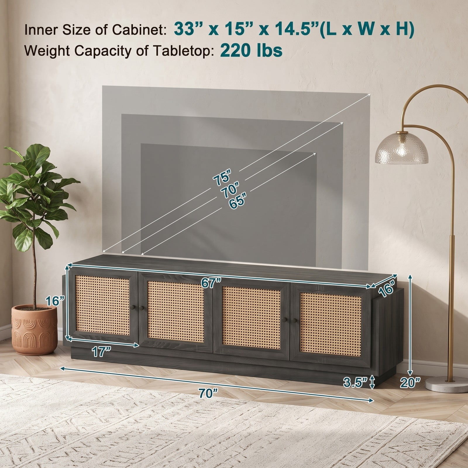Furnibear Farmhouse TV Stand for TVs up to 75 Inches, 70 Inch Entertainment Center with PE Rattan Cabinet Doors and Adjustable Shelves, Rattan Media Console for, Black