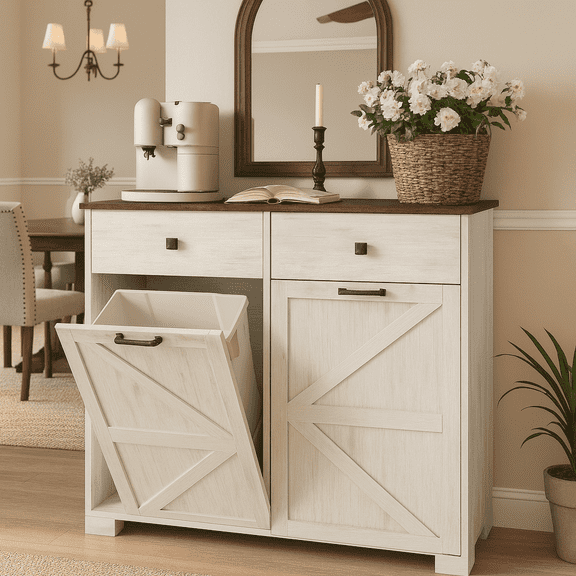 20 Gallon Double Tilt Out Trash Cabinet Trash Cans, Free Standing Recycling Cabinet with Hideaway Drawer, Barn Door Style Laundry Sorter Cabinet, Tilt Out Trash Cabinet for Kitchen, Cabinets