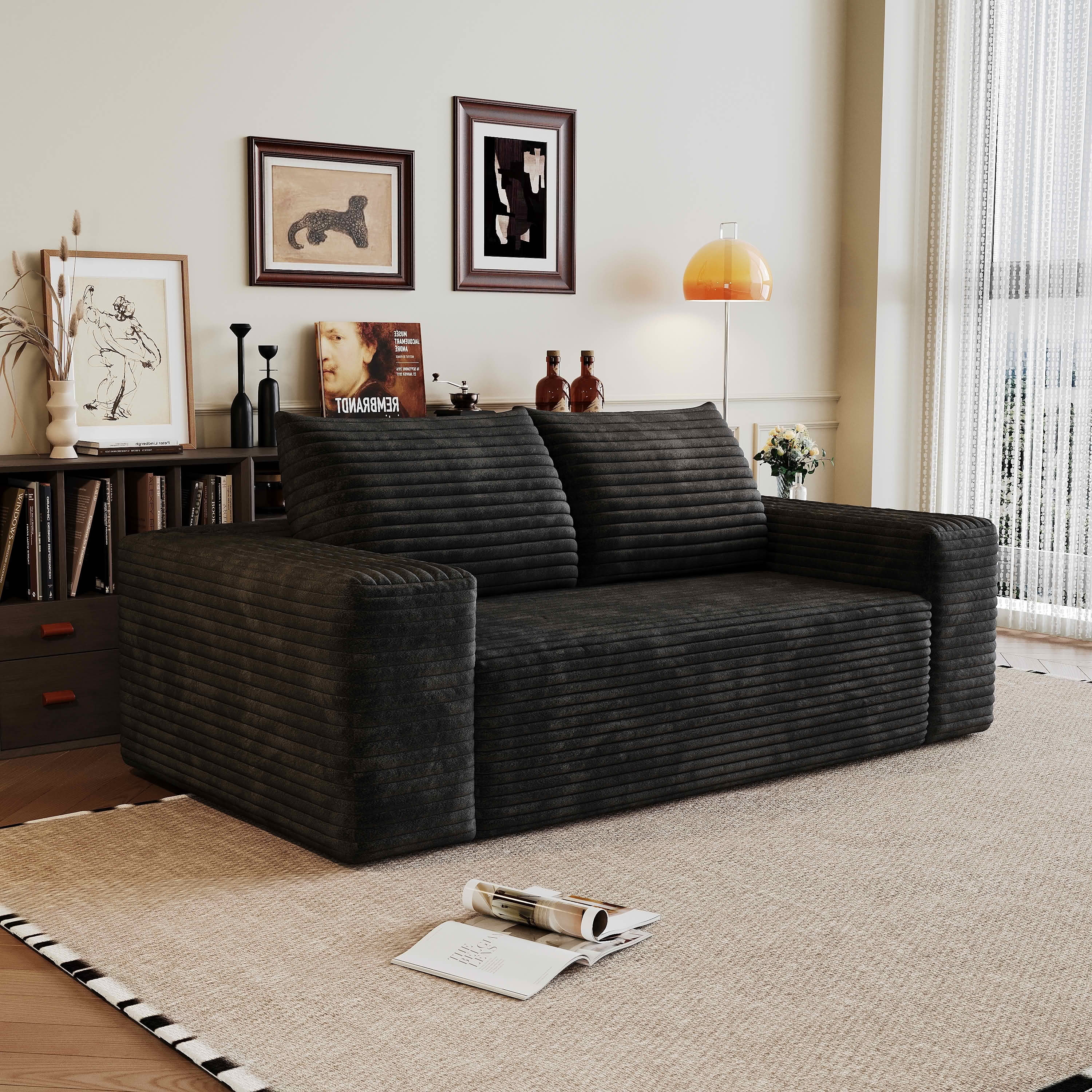 MAYEERTY Modern Black Corduroy 63 Inch 2-Seat Deep Seat Loveseat, Ready-To-Use No Assembly Sofa for Living Room Bedroom Apartment Conference Room